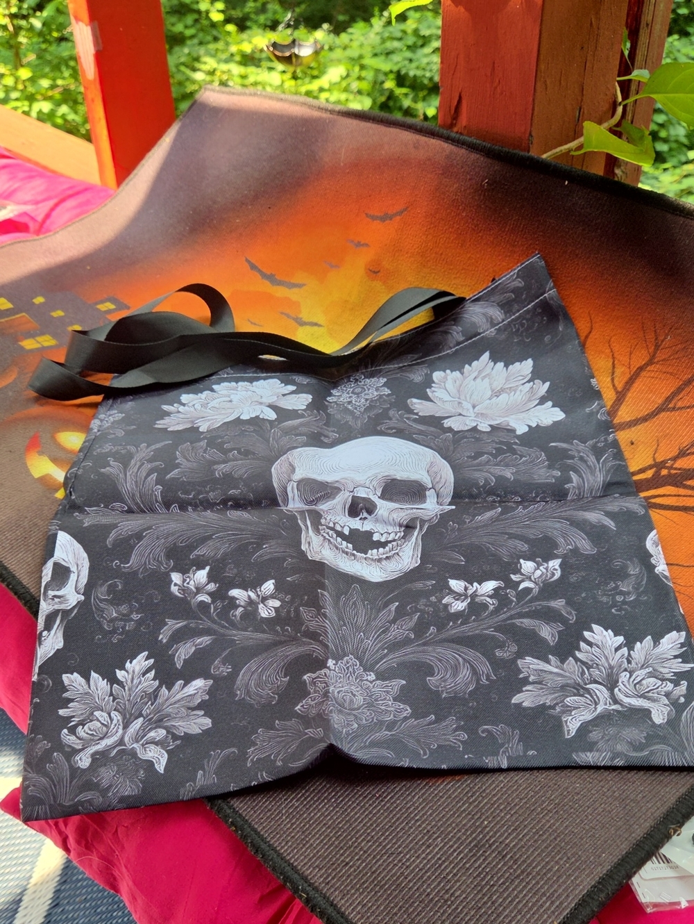 Skull & Floral Black Tote Bag - Halloween Party Accessory